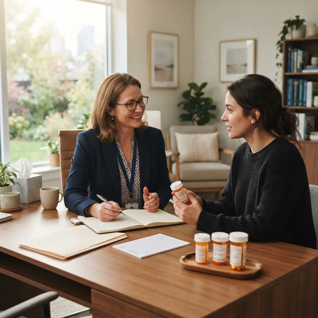 A professional medical consultation scene showing a psychiatrist and a patient discussing medications, with bottles of pills visible on the