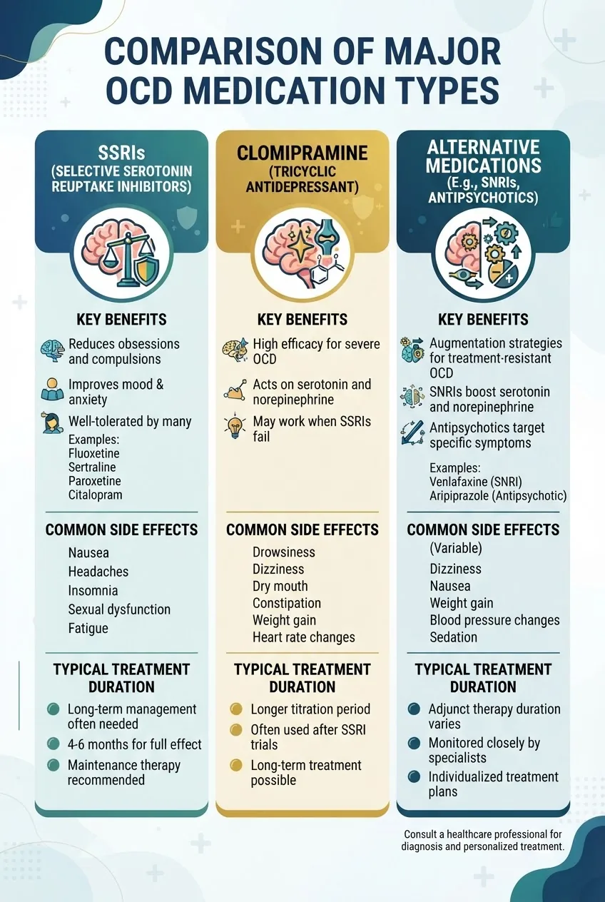 A clean infographic with three columns comparing major OCD drug types—SSRIs, Clomipramine, and Alternative medications—each column includes