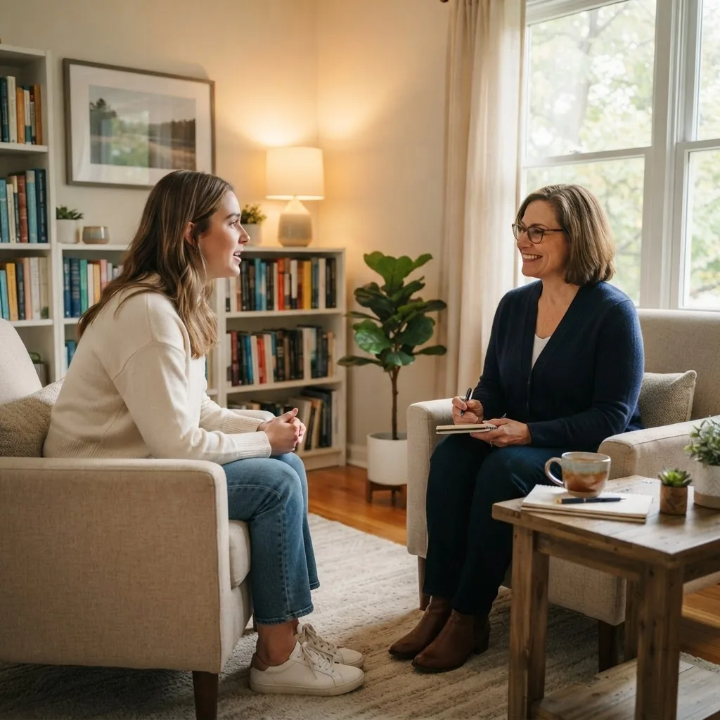 a calm clinical therapy room with a psychologist and a patient seated across from each other, natural daylight, warm lighting, mid-angle