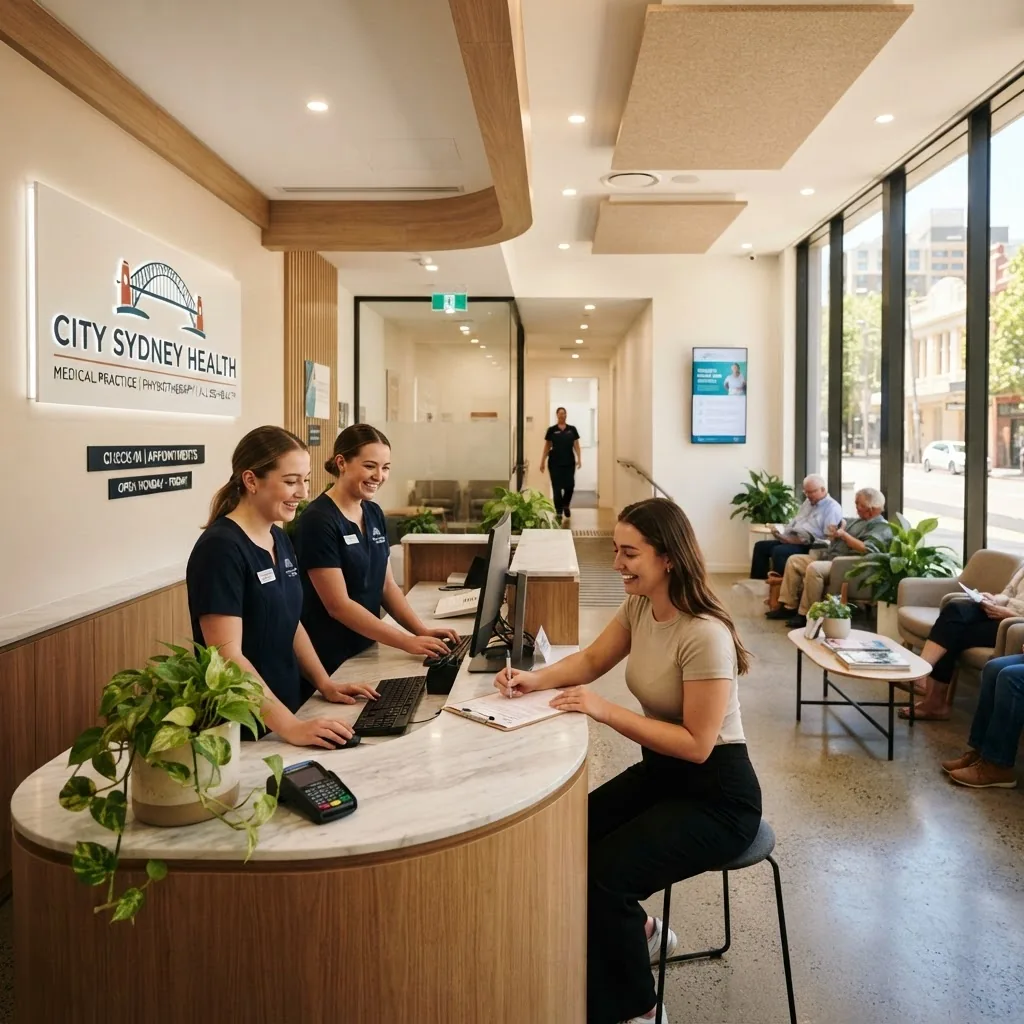 a modern Sydney health clinic reception area with visible signage, friendly staff assisting a patient with documents, daylight through