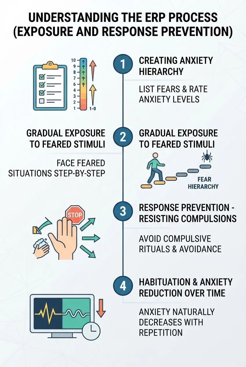 visually outlines the ERP process: Step 1 - Creating an anxiety hierarchy (icon of checklist and anxiety scale); Step 2 - Gradual exposure