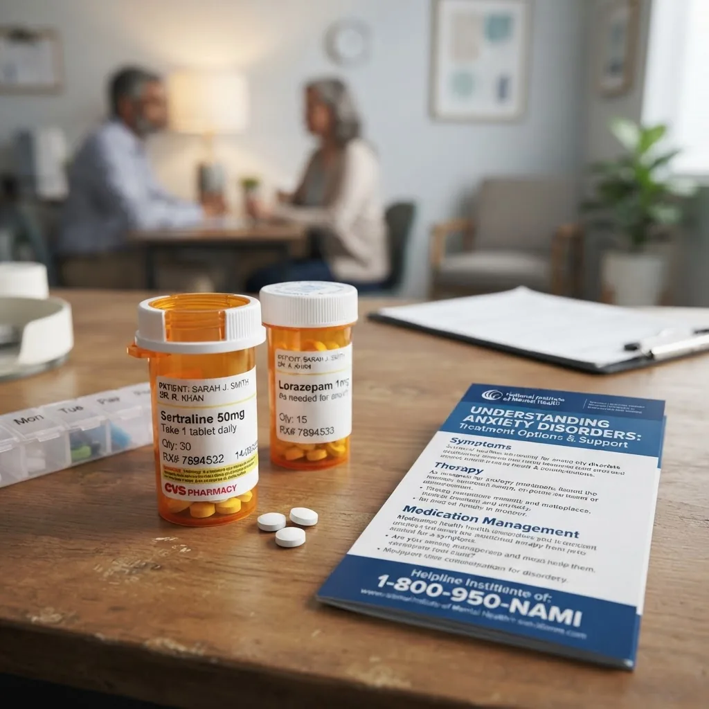 Close-up of medication and prescription bottles on a table next to a mental health information brochure, conveying medical treatment