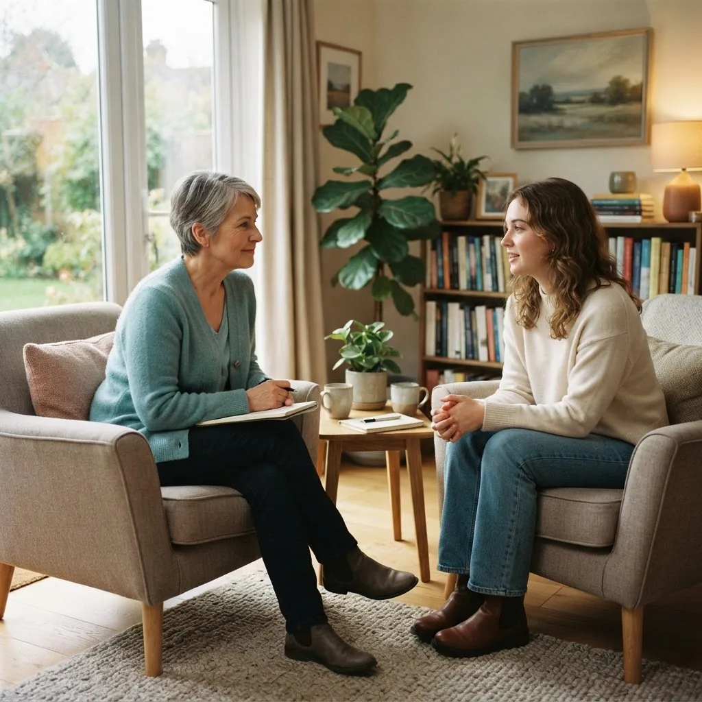 A peaceful therapy room setting with natural lighting, showing a therapist and a patient in mid-conversation, seated comfortably to convey