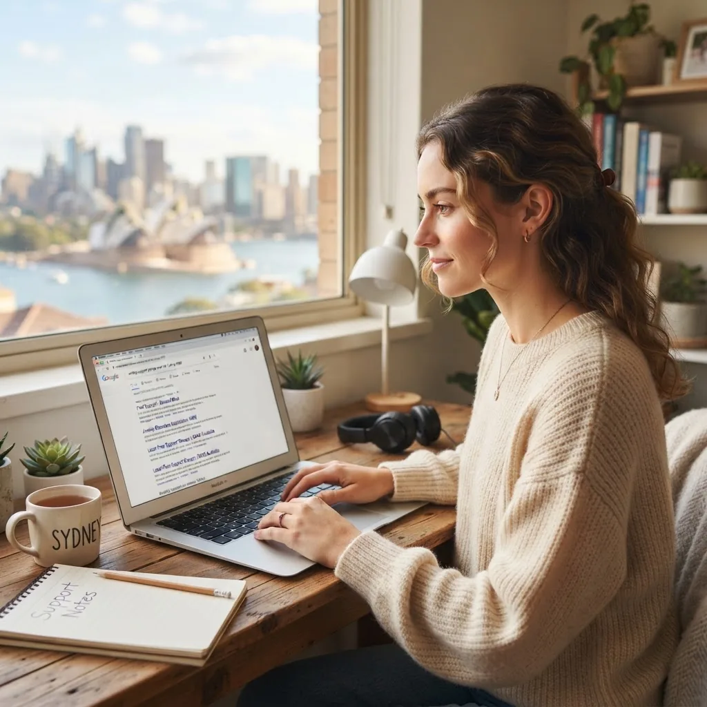 a person using a laptop at a cozy home desk, searching online for local anxiety support groups, with a visible Sydney skyline blurred in