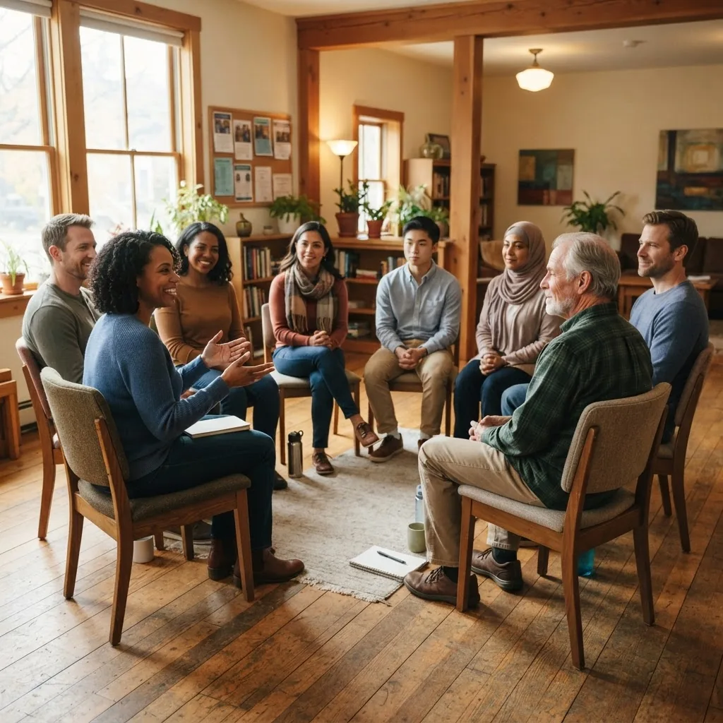 warm, inviting small group of diverse adults sitting in a circle in a well-lit community center room, engaging in open discussion with