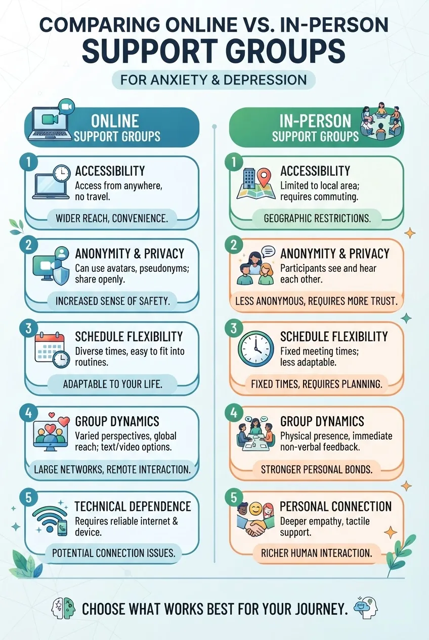 compares online and in-person anxiety and depression support groups in two columns, each with 5 icons and short text descriptions