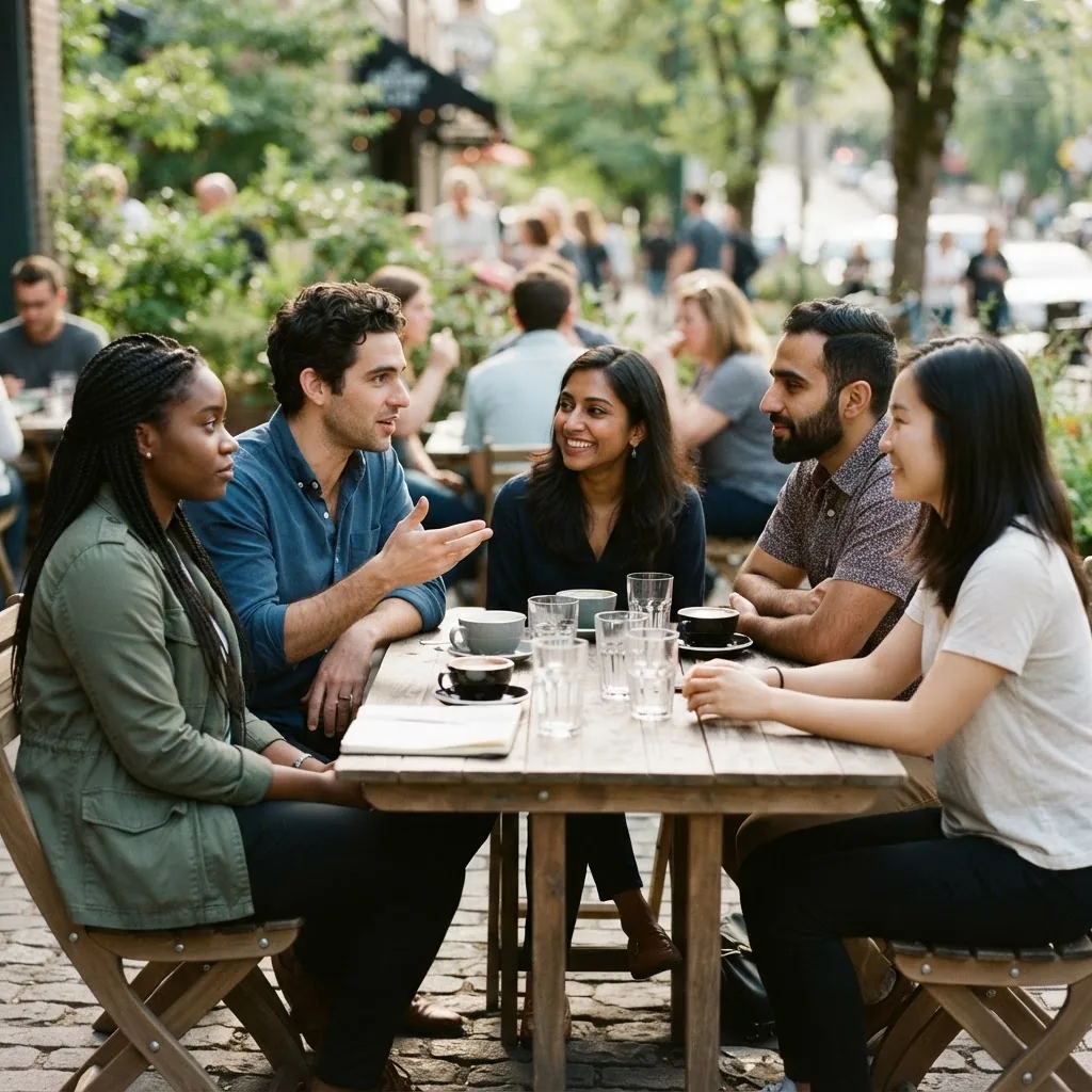 Photo of a diverse group of people in a casual conversation setting outdoors, illustrating real-life social communication where words like