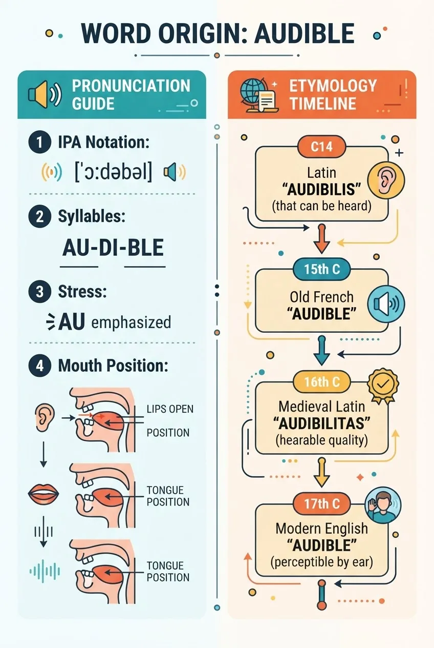 A clean infographic with two vertical columns; left column shows step-by-step pronunciation guide with IPA notation and mouth position