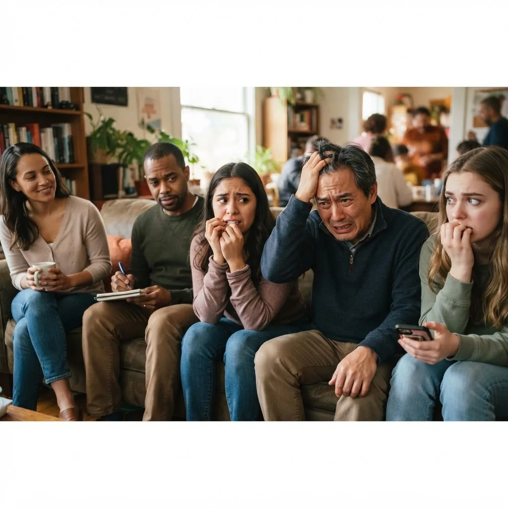 A diverse group of adults showing varying expressions of anxiety severity, from calm to visibly anxious, in a natural indoor setting with
