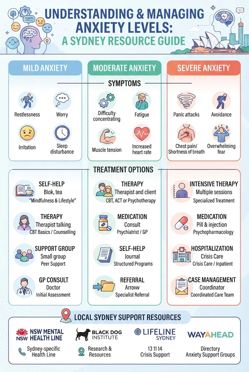 presents three columns labeled Mild, Moderate, and Severe Anxiety; each column shows 3-4 treatment options with icons including therapy,