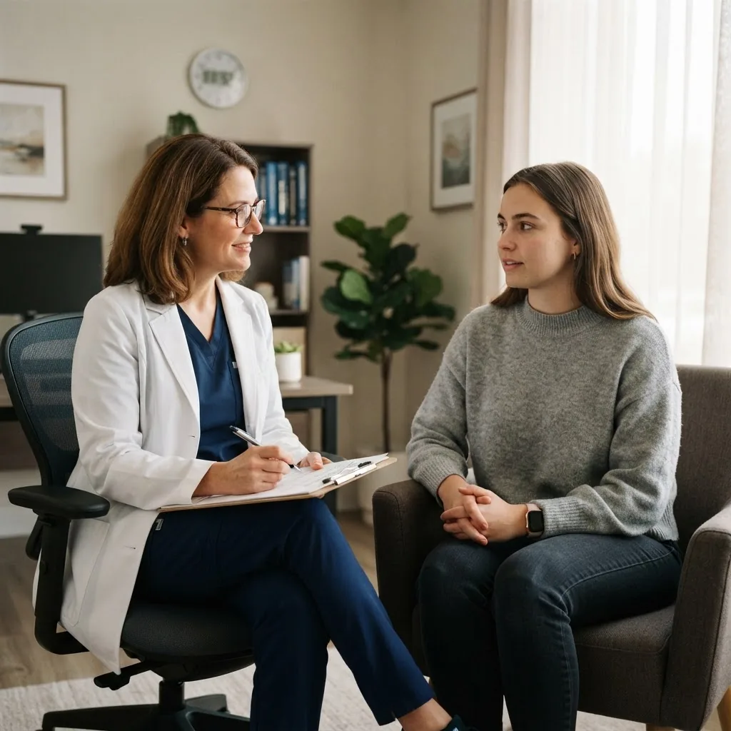 a clinician observing a patient in a modern medical examination room, focusing on patient’s appearance and posture with neutral lighting,