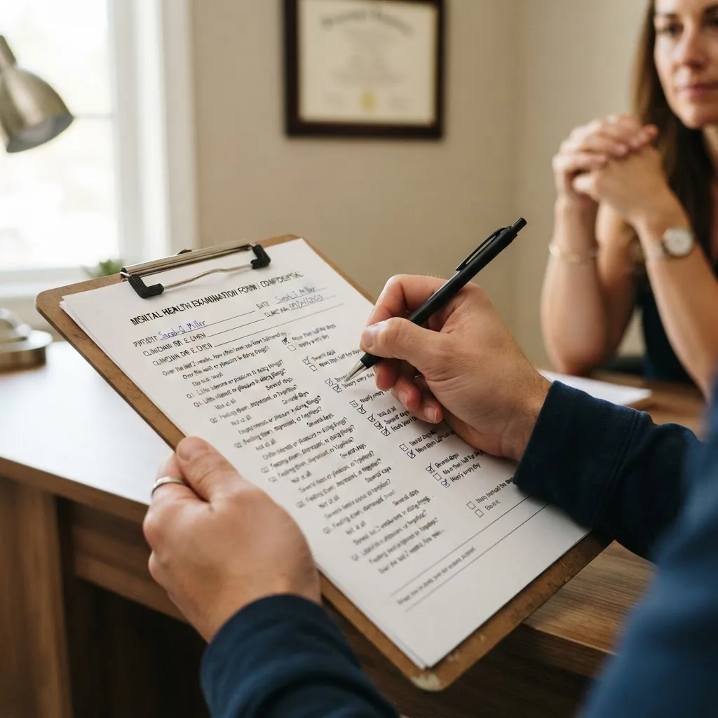 hands filling out a mental health examination form on a clipboard in a clinical environment, with clear focus on form details and pen, soft
