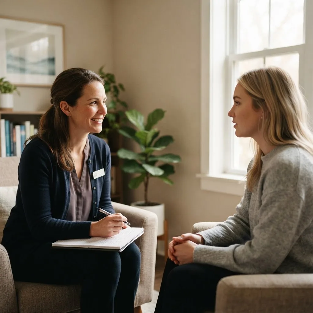 close-up of a clinician conducting a mental health clinical interview with a patient in a therapy room, calm neutral colors, natural light