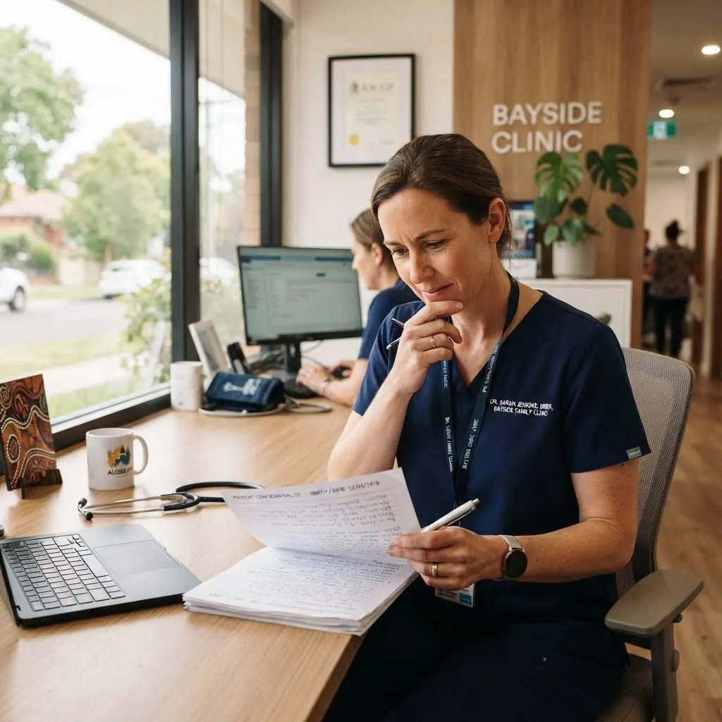 a healthcare professional in a clinic setting thoughtfully reviewing patient notes, warm natural lighting, modern Australian clinical