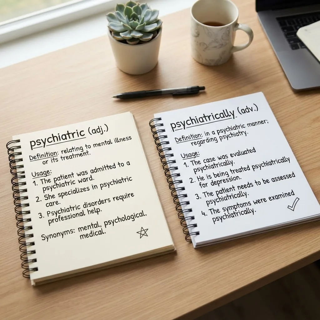 a clean, modern office desk with two open notebooks side by side; one labeled “psychiatric (adj.)” and the other “psychiatrically (adv.)”,