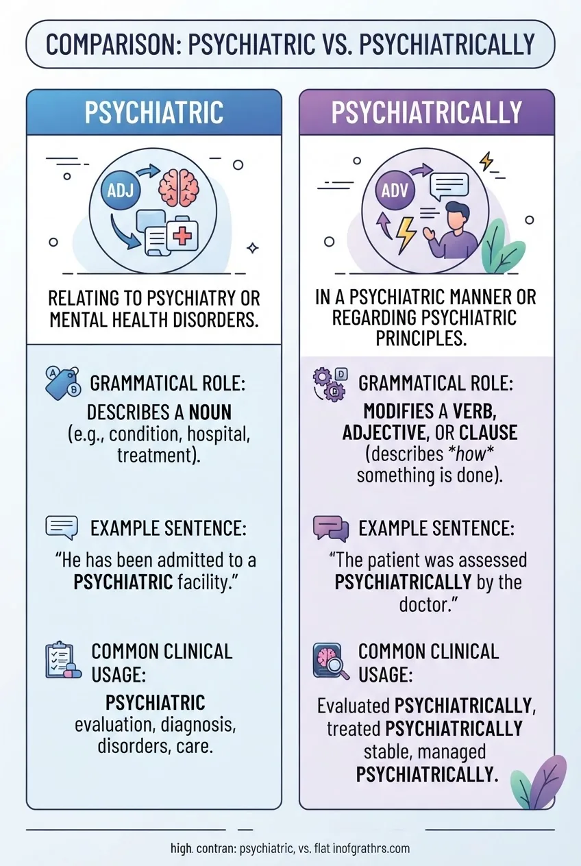 with two columns comparing “Psychiatric” and “Psychiatrically”, each with a short definition at top, followed by 3 bullet points showing