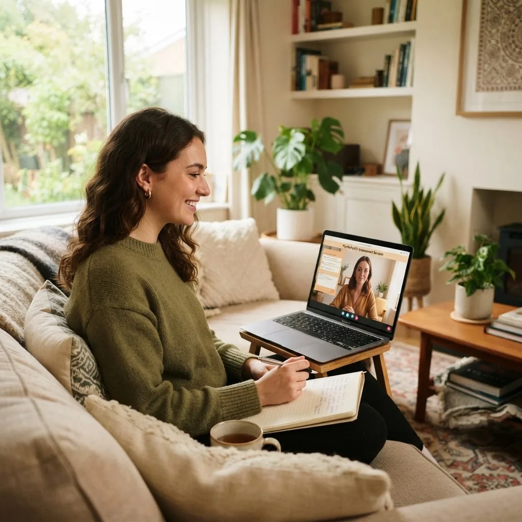 young adult comfortably using a laptop at home sitting in a cozy living room, engaged in an online psychological assessment session with a
