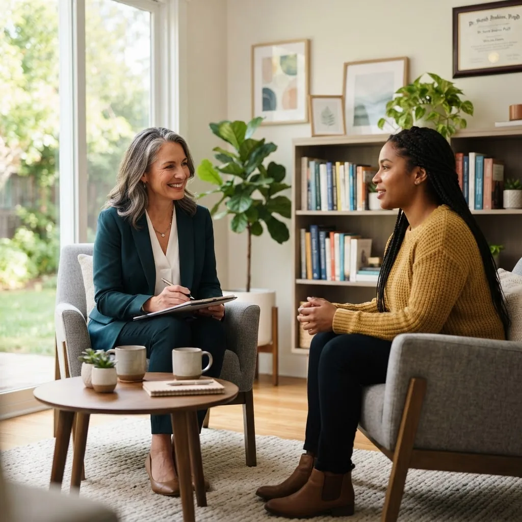 professional psychologist in a bright, modern clinical office setting meeting with a diverse adult patient, both engaged in conversation,