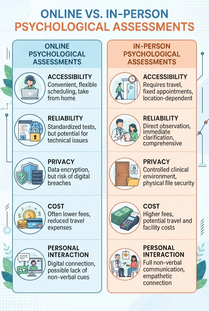 shows two columns titled "Online Psychological Assessments" and "In-Person Psychological Assessments," each column featuring 5 rows with