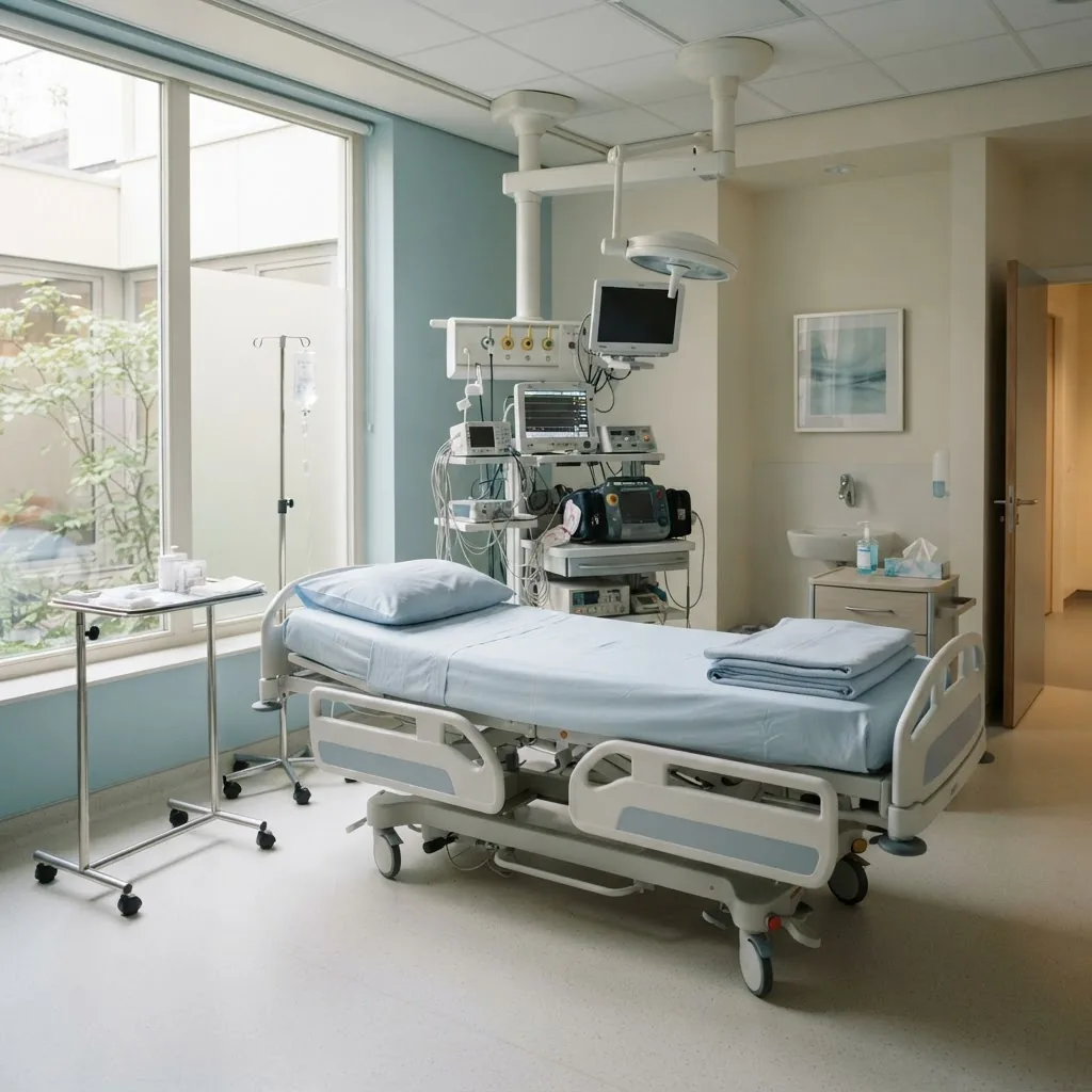 Side view of a modern hospital treatment room with clean medical equipment and soft lighting, suggesting a safe environment for