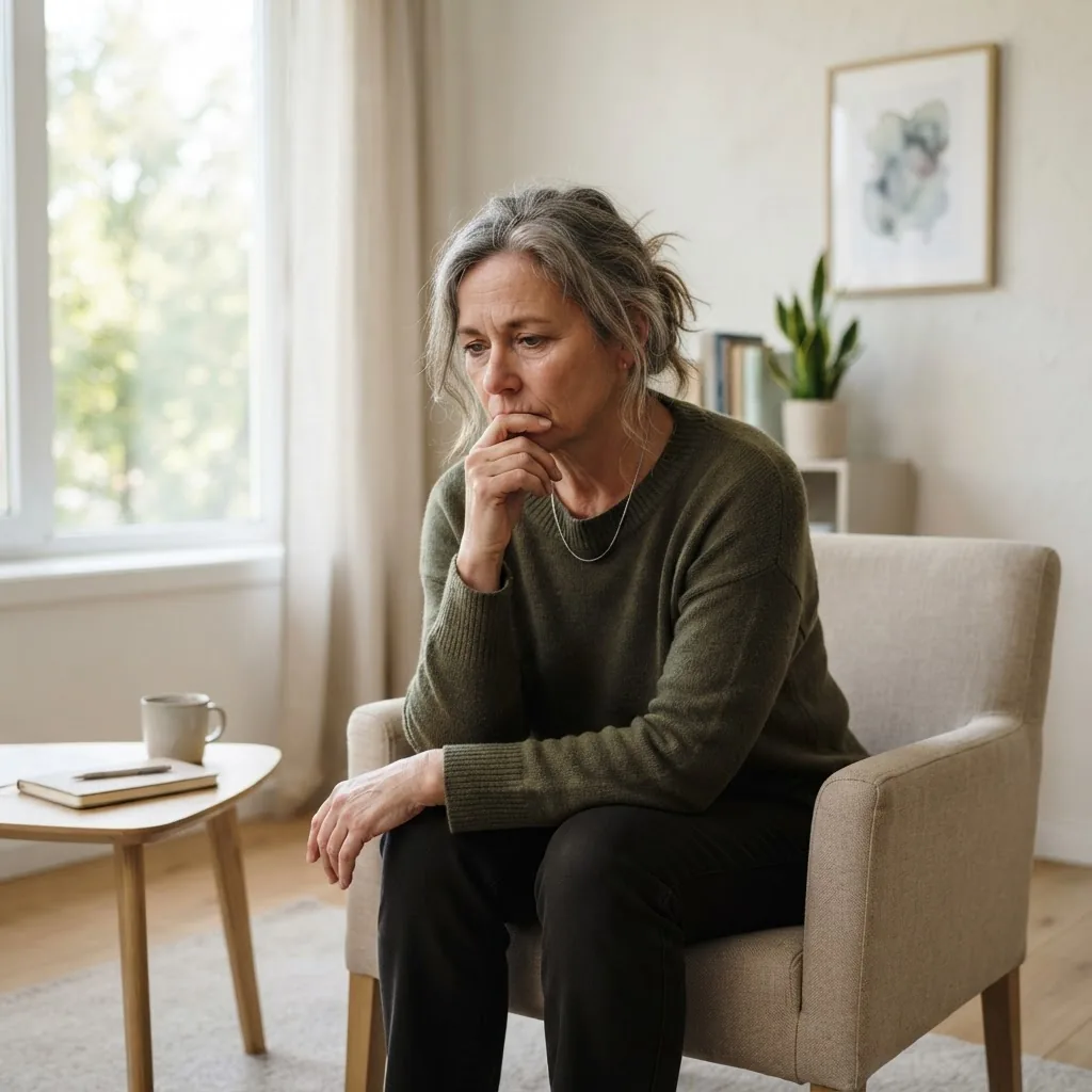 Portrait of a thoughtful middle-aged person sitting quietly in a bright, minimal clinical therapy room with natural daylight, conveying