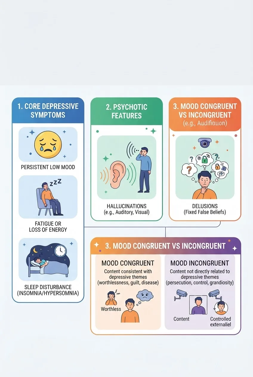 Infographic showing three sections: 1) Core depressive symptoms with icons (sad face, fatigue, sleep disturbance), 2) Psychotic features