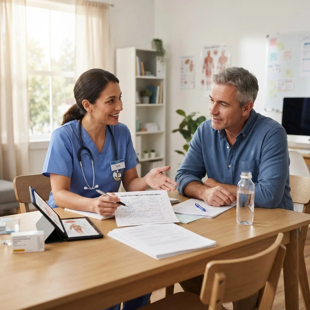 healthcare professional consulting with a middle-aged patient in a bright clinic room; visible tablets, notes, and calm engagement