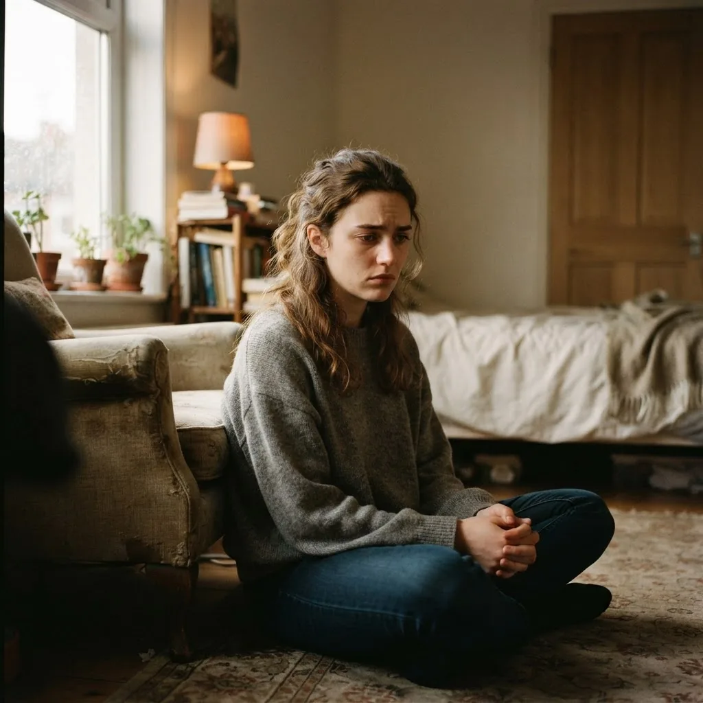 thoughtful young adult sitting alone in a softly lit room looking contemplative and slightly distressed; warm, natural light from a window;
