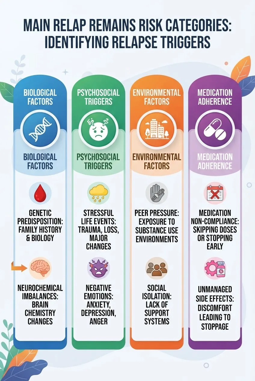 with four vertical columns representing main relapse risk categories: Biological (DNA strand icon), Psychosocial Triggers (stress icon),
