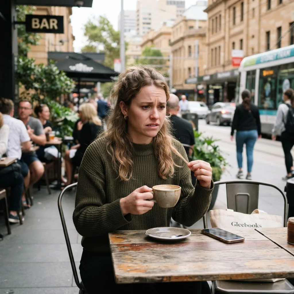 a young adult woman sitting alone at a cafe table, looking visibly anxious with subtle body language showing discomfort, daylight setting,