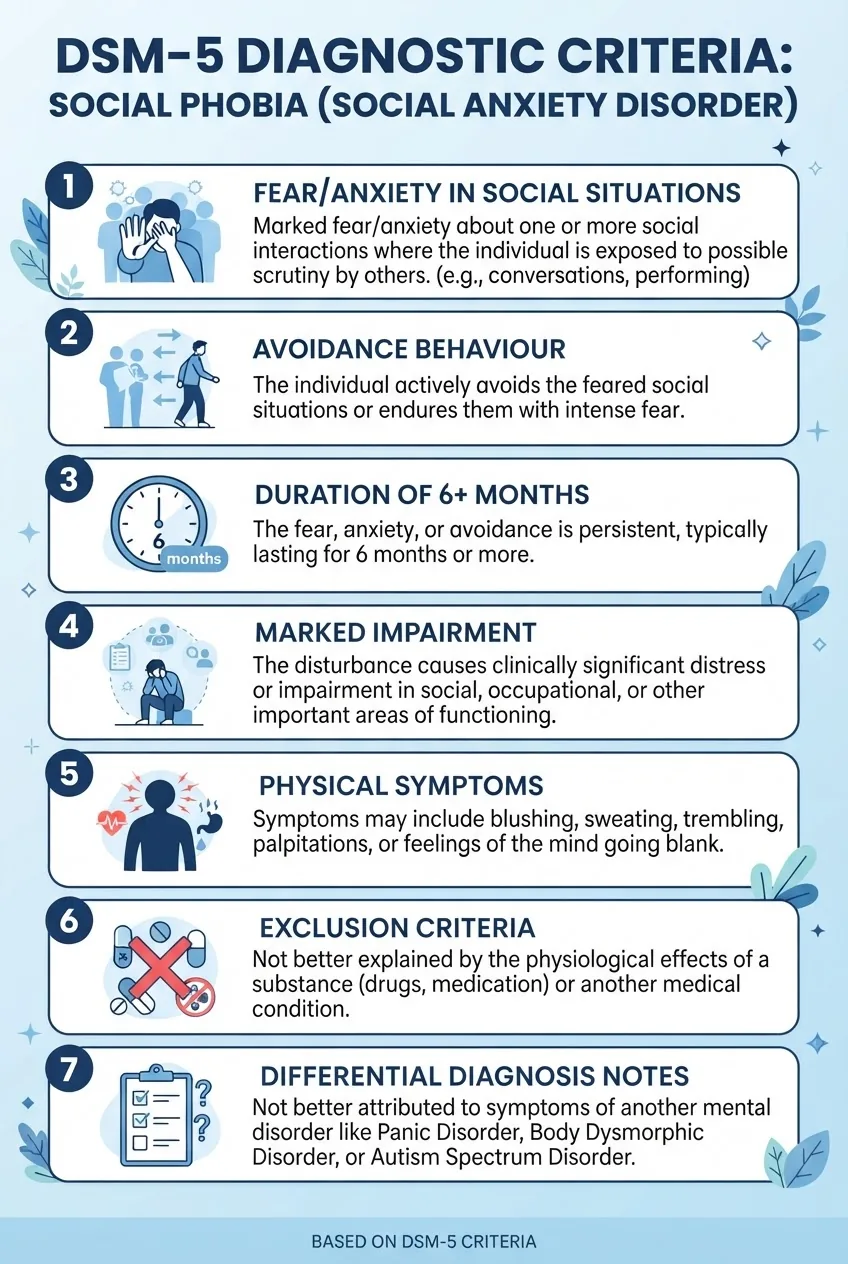 visually breaking down the DSM-5 diagnostic criteria for social phobia into seven steps, each with an icon: fear/anxiety in social