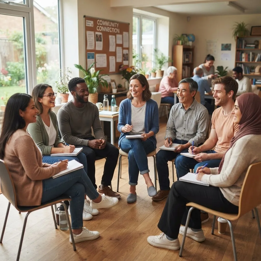 diverse group of adults engaging in a small, supportive social skills group session in a bright community center, natural daylight, relaxed