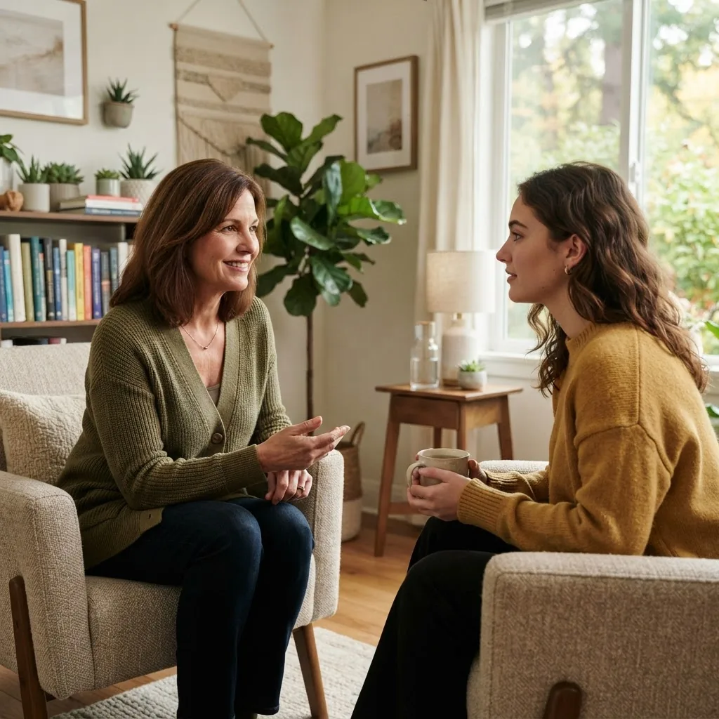 a compassionate mental health therapist in a modern therapy office talking to a young adult patient, warm natural lighting, calming