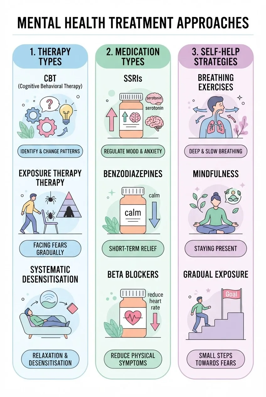 shows (1) Therapy types (CBT, Exposure Therapy, Systematic Desensitisation) with icons depicting each method, (2) Medication types (SSRIs,
