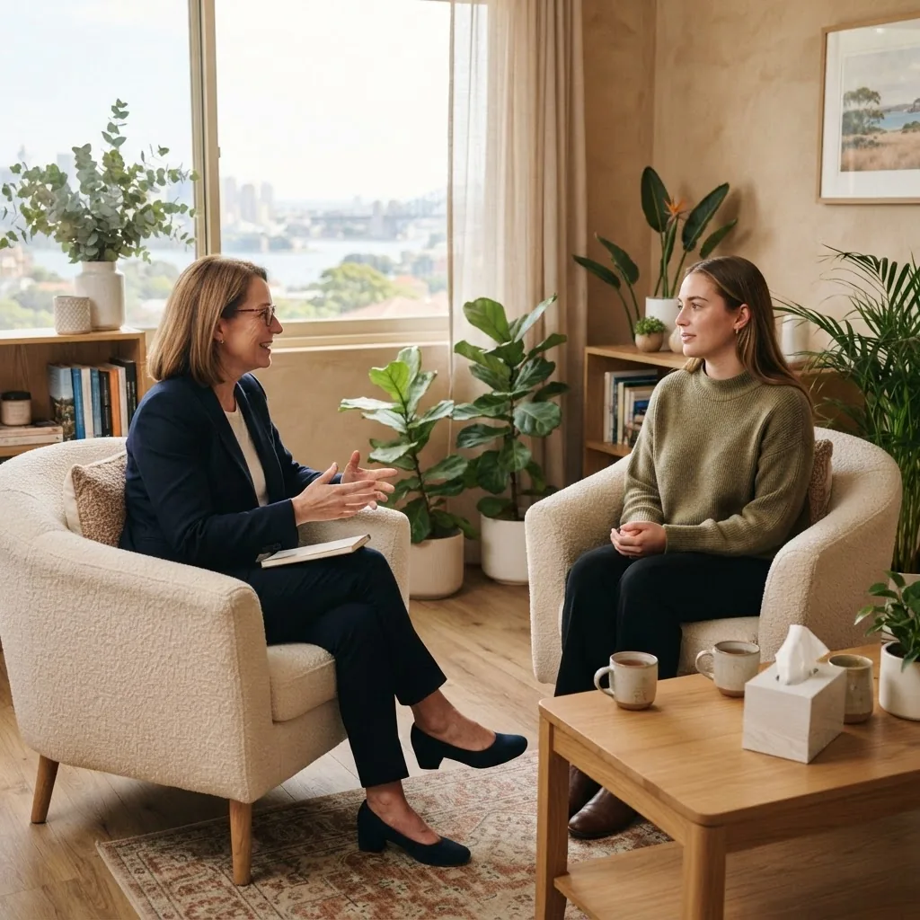 calm therapy setting in Sydney clinic featuring a healthcare professional talking to a patient, both engaged in discussion, warm tones and