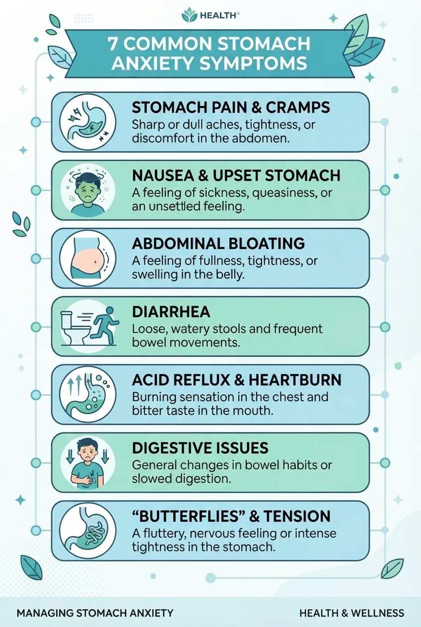 with a vertical layout showing 7 common stomach anxiety symptoms, each with a simple icon (e.g., stomach pain, nausea, bloating), brief