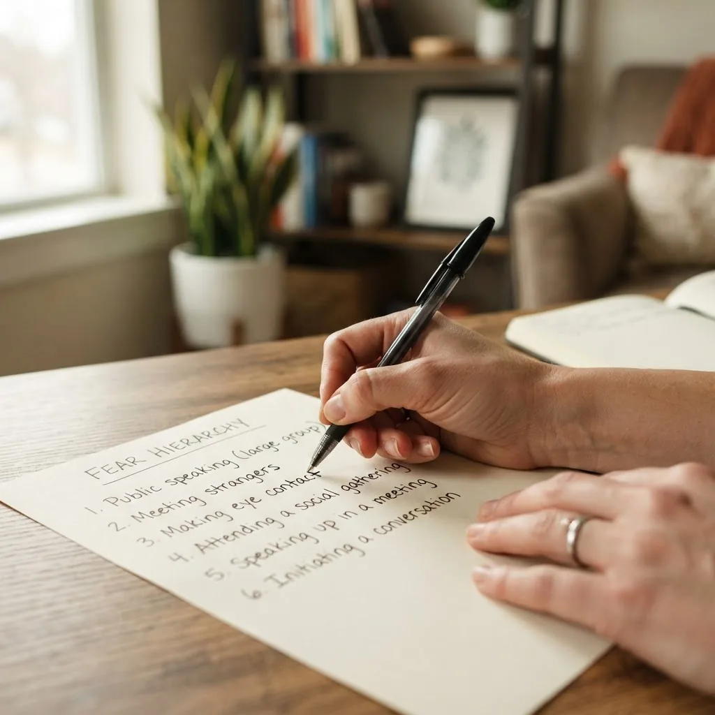 Close-up of hands writing a fear hierarchy list on paper with a pen, natural daylight, clear focus on the list with phrases like “Public