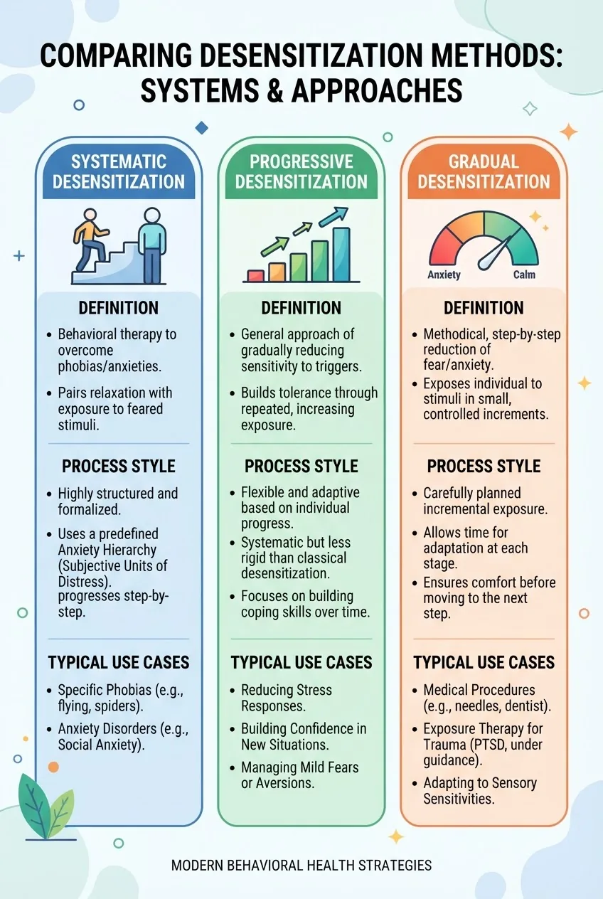 with three columns comparing systematic desensitisation, progressive desensitization, and gradual desensitization; each column has a simple