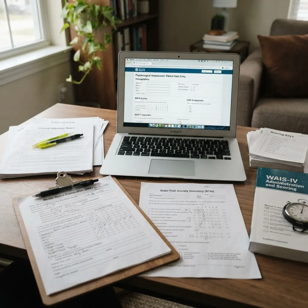 close-up view of assorted psychological testing materials on a desk, including standardized questionnaires, rating scales, a laptop
