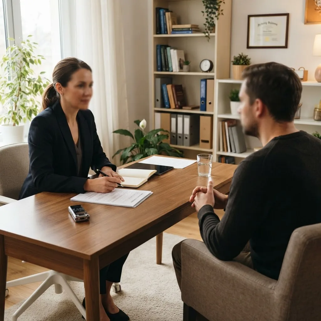 warm, professional clinical setting showing a psychologist conducting a structured diagnostic interview with an adult patient; the scene is