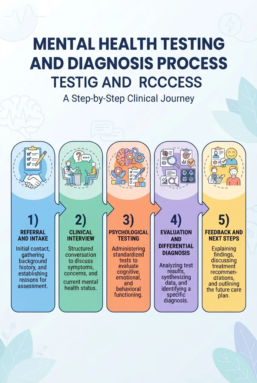 shows a numbered, linear flowchart of the testing and diagnosis process in mental health: 1) Referral and Intake, 2) Clinical Interview, 3)