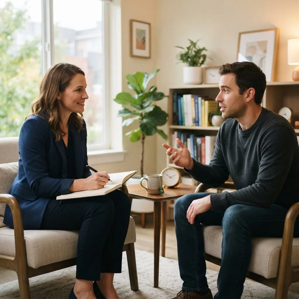 A medium shot of a therapist and client mid-discussion in a modern, bright consultation room, with the therapist using notes and the client