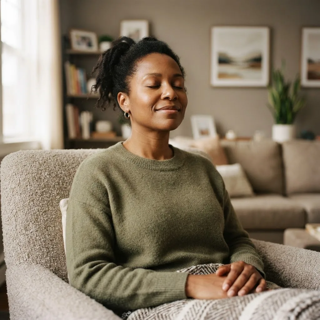 A close-up photo of a diverse adult sitting calmly with closed eyes in a softly lit, neutral-toned therapy room, showing a peaceful moment