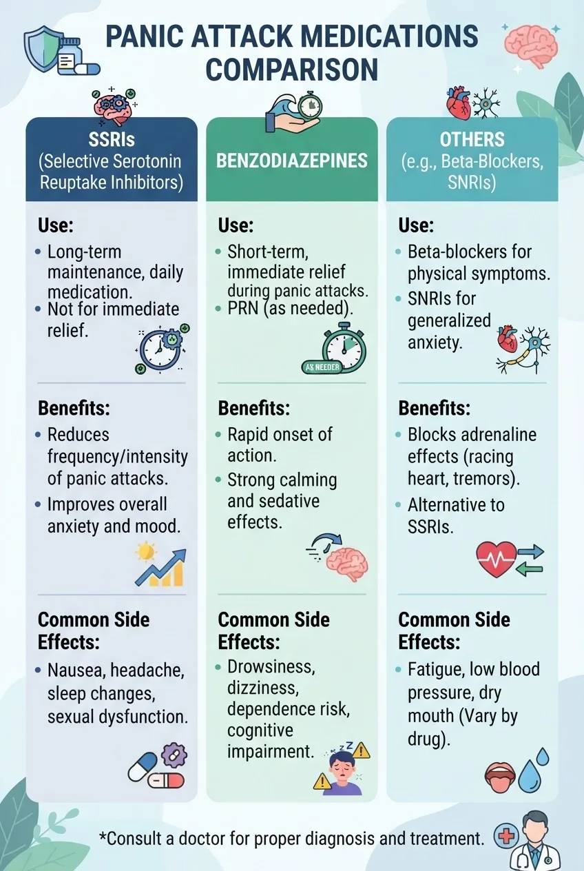 An infographic showing a three-column layout comparing panic attack medications: SSRIs, benzodiazepines, and others, each with an icon,