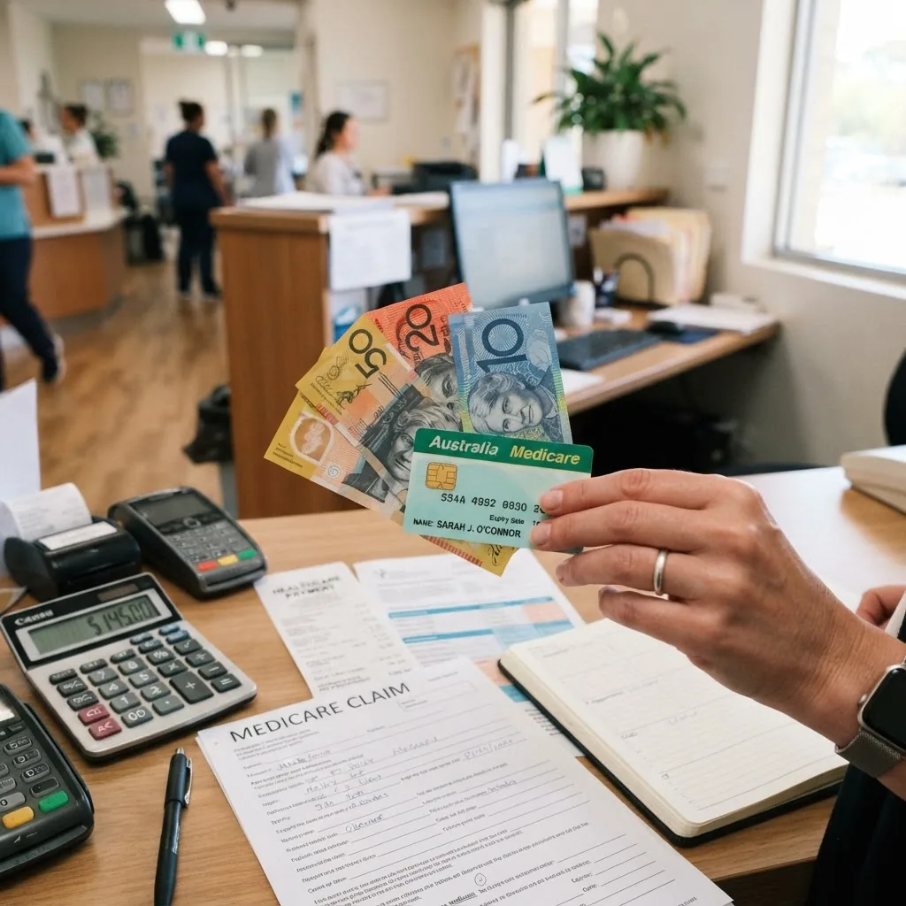 close-up of a hand holding Australian currency and a health insurance card on a desk with documents and a calculator, bright natural