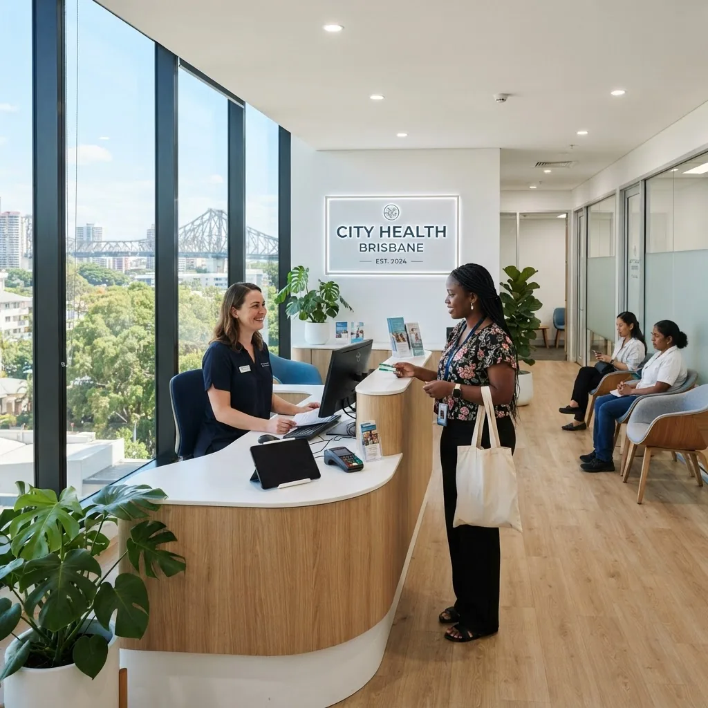 modern medical clinic reception area in Brisbane, clean and welcoming, natural light coming through large windows, showing a diverse