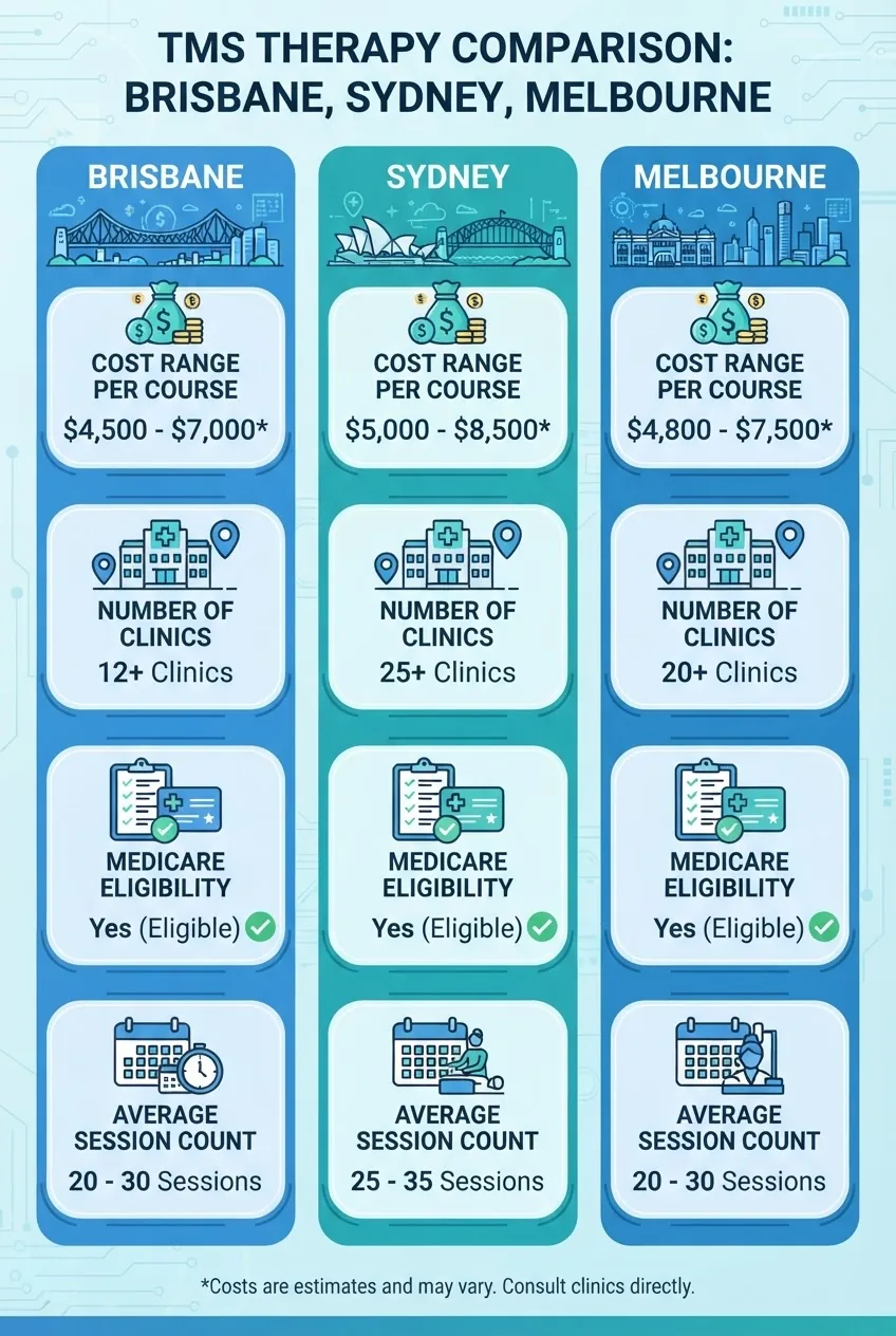 comparing TMS therapy in Brisbane, Sydney, and Melbourne: each column includes icons for cost range, number of clinics, Medicare