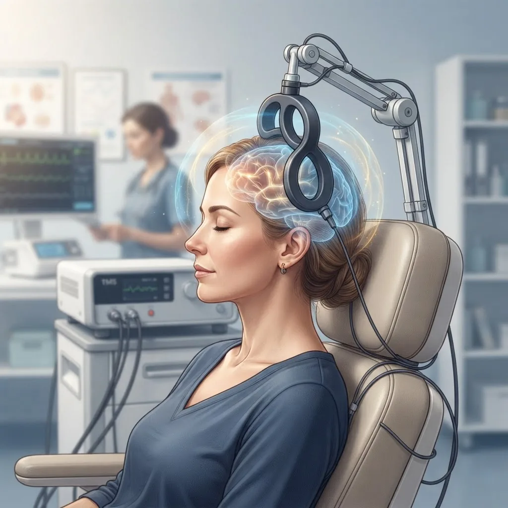 Detailed side view illustration of a patient undergoing transcranial magnetic stimulation therapy, showing a magnetic coil placed near the
