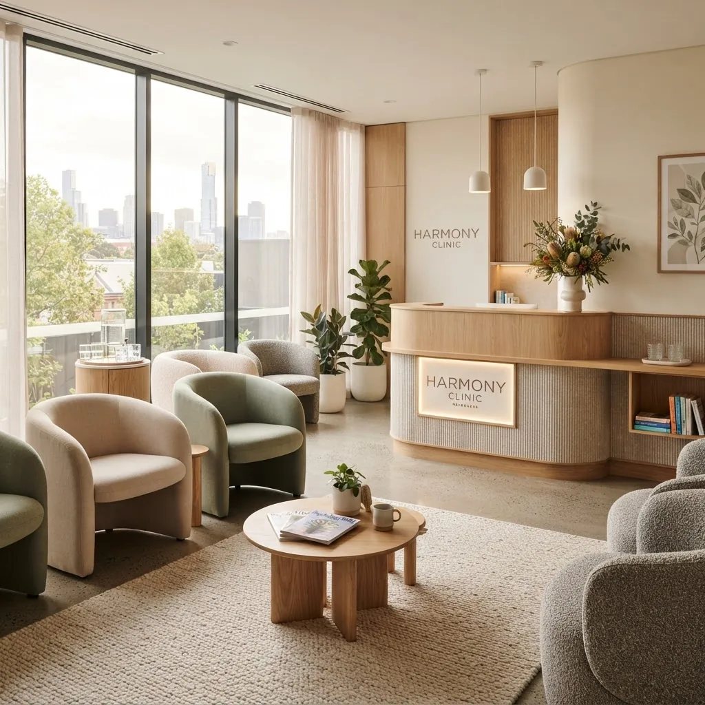 Modern professional medical clinic reception area in Melbourne, clean and welcoming, daylight, neutral colors, no people, focus on calming