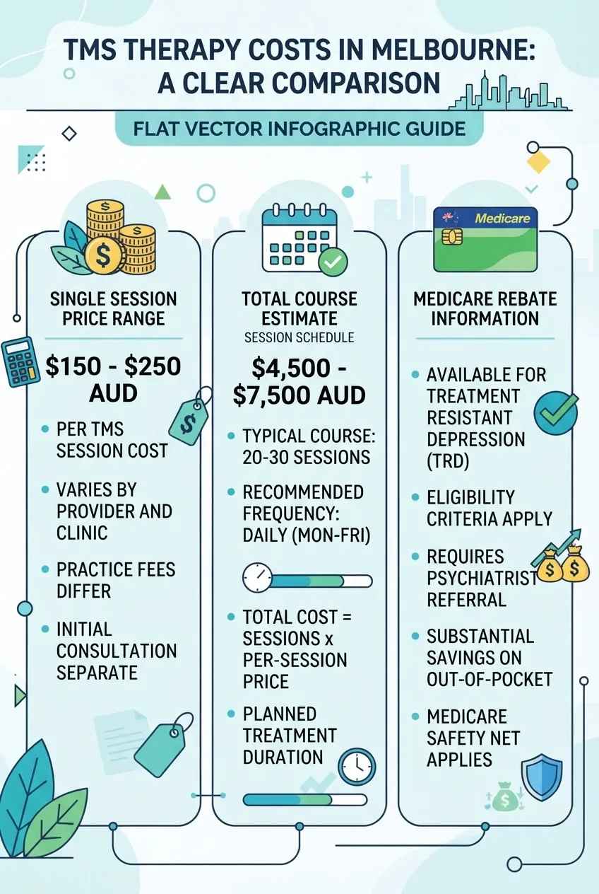 A clear infographic comparing TMS therapy costs in Melbourne showing three columns: session price range, total course estimate, Medicare